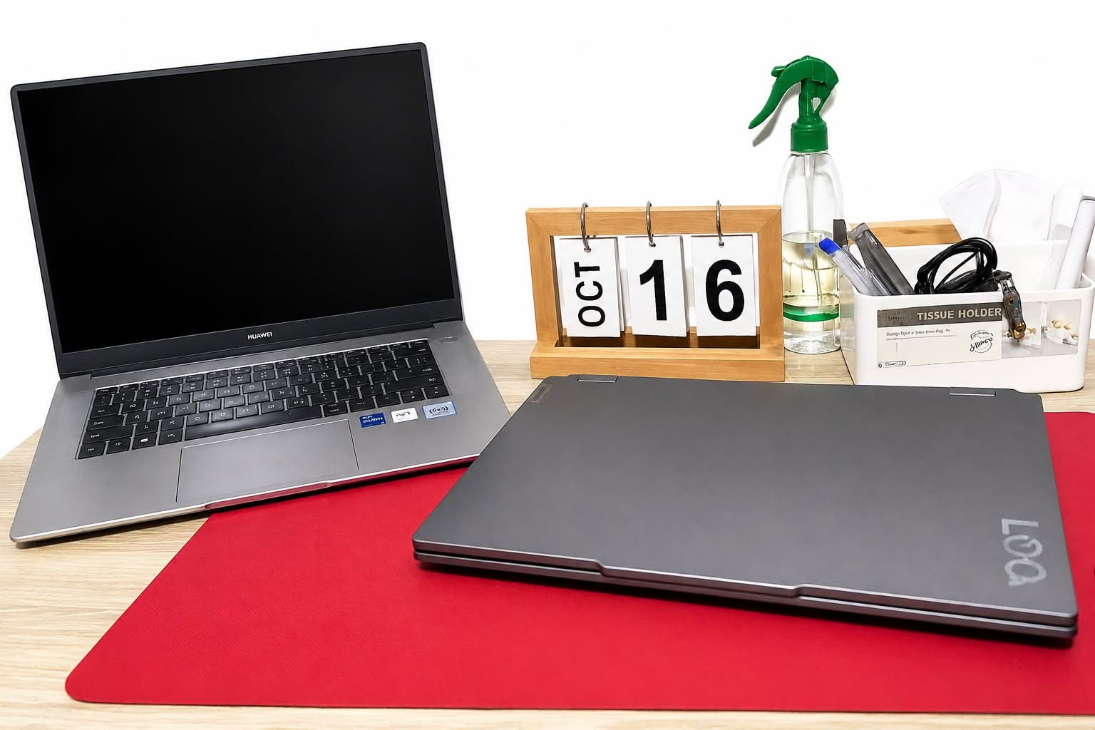 Angel’s working setup with two laptops on her desk